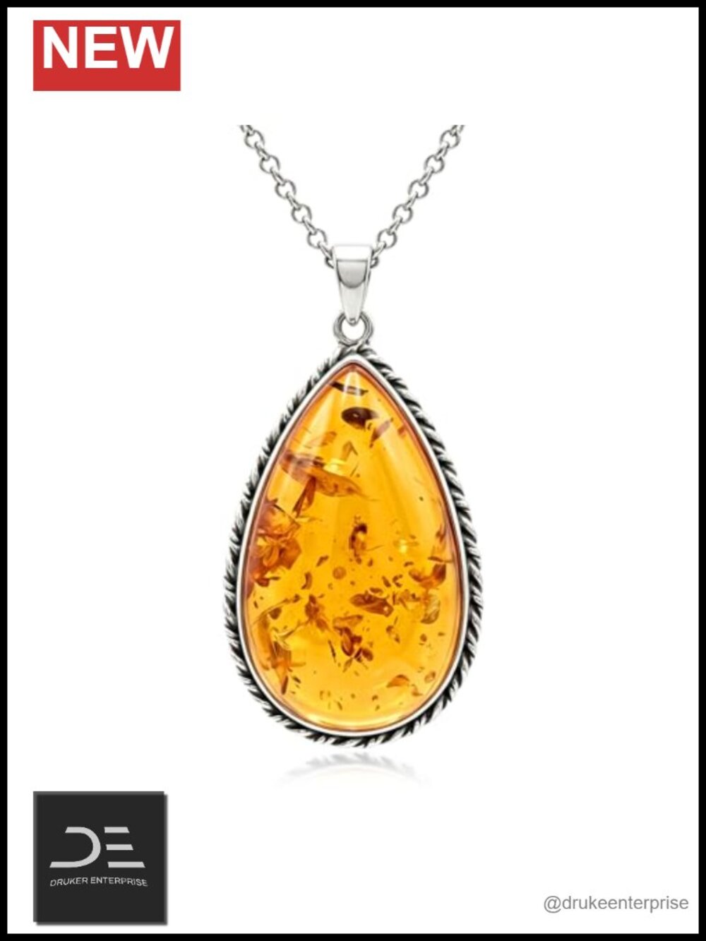 Sterling Silver Amber Teardrop Pendant Necklace with 18-20" Chain